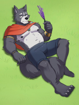anthro armband blue_bottomwear blue_clothing blue_shorts bottomwear bracelet cape clothing digit_ring finger_ring flower grass_field holding_flower holding_object jewelry lavender_(flower) male nipples outside plant red_cape red_clothing ring ring_(jewelry) shorts solo tail tan_(chshndedndn) adastra adastra_(series) echo_project amicus_(adastra) canid canine canis mammal wolf 3:4 hi_res