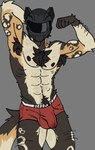 abs anthro areola arm_hair armor armpit_hair balls_outline belly belly_hair biceps big_bulge big_muscles biped bodily_fluids body_hair bulge chest_hair clothed clothing deltoids detailed_bulge ear_piercing erection erection_under_clothing flexing fur genital_fluids genital_outline hair headgear helmet looking_at_viewer male male_anthro motorcycle_helmet muscular muscular_anthro muscular_male navel navel_piercing nipples pecs penis_outline piercing precum precum_through_clothing precum_through_underwear pubes quads scar serratus simple_background solo standing tail thick_arms thick_thighs topless topless_anthro topless_male tuft underwear wet wet_clothing nyvel5 outronyvel african_wild_dog canid canine mammal absurd_res digital_media_(artwork) hi_res