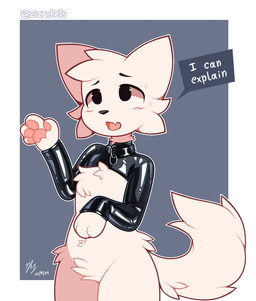 4_fingers anthro black_collar black_eyebrows black_eyes black_latex black_nose blush blush_lines bodily_fluids border cheek_tuft clothing collar cute_fangs dialogue eyebrows facial_tuft fangs fingers fluffy fluffy_tail fur grey_background latex latex_clothing latex_shrug_(clothing) latex_topwear male navel open_mouth pawpads pink_pawpads shrug_(clothing) simple_background solo speech_bubble standing sweat tail teeth text topwear tuft white_body white_border white_fur white_text zarckets silly_cat_(mauzymice) domestic_cat felid feline felis mammal 2025 artist_name dated english_text signature