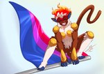 armor armor_plates cheek_tuft chest_armor ear_piercing eyes_closed facial_tuft feet fur hair happy holding_object humanoid_feet humanoid_hands lgbt_pride male monkey_tail multicolored_body multicolored_fur multicolored_hair neck_tuft notched_ear piercing plantigrade pride_colors sharp_teeth simple_background simple_face smile smile_lines solo spread_legs spreading tail teeth teeth_showing tongue tuft two_tone_body two_tone_fur two_tone_hair white_body white_fur tabascomilk nintendo pokemon fan_character animal_humanoid generation_4_pokemon haplorhine humanoid infernape mammal mammal_humanoid monkey monkey_humanoid pokemon_(species) primate primate_humanoid absurd_res hi_res shaded signature simple_shading