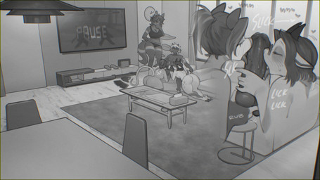 anthro balls big_butt biped breasts butt detailed_background dialogue eyes_closed eyewear female furniture genitals glasses group group_sex handjob inside licking male male/female nude oral penile penis penis_lick sex sofa text threesome tongue sincrescent hush_(demivo) zock bovid canid canine caprine mammal 16:9 hi_res widescreen