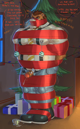 anthro barazoku bdsm bodily_fluids bondage bottomwear bound christmas_decorations christmas_tree clothed clothing container cum cum_on_ground cumshot cup dialogue duct_tape egg_vibrator ejaculation fireplace footwear gag gagged genital_fluids genitals gift holidays male muffled musclegut muscular muscular_anthro muscular_male muscular_sub nipple_clamp nipple_outline open_bottomwear open_clothing open_pants pants penile penis penis_popsicle plant restrained sex_toy socks solo struggling submissive suspenders tape tape_gag tight_bottomwear tight_clothing tight_topwear topwear tree uniform vibrator vibrator_on_penis window foster-tony christmas leixiong_(sergeanvolibear) bear brown_bear mammal ursine 2024 digital_media_(artwork) hi_res