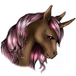 brown_body brown_horn female feral horn mane mouth_closed pink_mane purple_eyes side_view simple_background solo white_background milk-jug mythology equid equine mammal mythological_creature mythological_equine unicorn 1:1