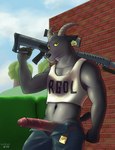 anthro barrett_m82 bottomwear clothed clothing crossgender erection ftm_crossgender genitals gun holding_gun holding_object holding_ranged_weapon holding_weapon humanoid_genitalia humanoid_penis looking_at_viewer male pants penis ranged_weapon rifle scope shirt sniper_rifle solo tank_top tongue tongue_out topwear unzipped unzipped_pants weapon zipper volktex coffee_stain_studios epic_games fortnite goat_simulator pilgor_(goat_simulator) bovid caprine goat mammal absurd_res hi_res