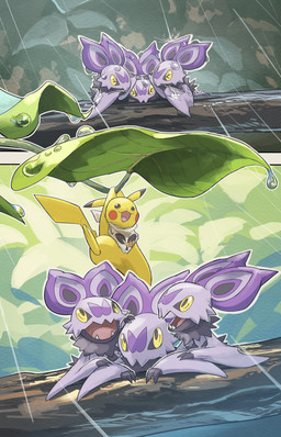 ambiguous_gender anthro branch brown_eyes eyes_closed fangs featureless_crotch feral fur group happy in_tree leaf male membrane_(anatomy) membranous_wings open_mouth plant purple_body purple_fur raining tail teeth tongue tree trio water water_drop wings yellow_body yellow_eyes hakkentai_pkdn nintendo pmd:_discovery_team_of_stars_and_souls pokemon pokemon_mystery_dungeon spike_chunsoft generation_1_pokemon generation_6_pokemon noibat pikachu pokemon_(species) 2025 absurd_res hi_res