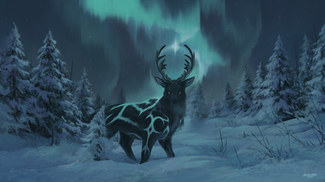 antlers aurora_(phenomenon) black_body black_fur evergreen_tree feral fur horn looking_at_viewer male markings night outside pine_tree plant purple_eyes sky snow solo star starry_sky tree cherry_wake magic_(tozier) deer mammal new_world_deer reindeer 16:9 2026 digital_media_(artwork) hi_res signature widescreen