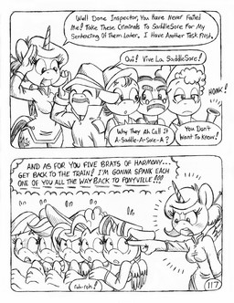 angry annoyed anthro back_wings blush blush_lines bulb_horn caught clothed clothed_anthro clothed_female clothed_male clothing coat cowboy_hat cowboy_outfit cutie_mark detective detective_hat dialogue eyelashes eyes_closed eyewear facial_hair female fluffy fluffy_tail flustered freckled_face freckles fully_clothed fully_clothed_anthro fully_clothed_female fully_clothed_male gesture glasses group hat headgear headwear honking_horn honking_nose horn male mustache poofy_hair princess royalty salute sneaking speech_bubble sun_hat surprised tail tall_female text topwear trenchcoat unicorn_horn upset wearing_glasses wing_boner wings yelling circe_(artist) friendship_is_magic hasbro my_little_pony mythology pink_panther_(series) applejack_(mlp) chico_marx fan_character fluttershy_(mlp) groucho_marx harpo_marx inspector_jacques_clouseau marx_brothers pinkie_pie_(mlp) princess_eaststern_(minalhan) rainbow_dash_(mlp) twilight_sparkle_(mlp) earth_pony equid equine horse mammal mythological_creature mythological_equine pegasus pony winged_unicorn black_and_white comic english_text french_text monochrome traditional_media_(artwork)