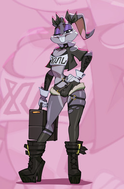4_fingers anthro biped black_bottomwear black_clothing black_footwear black_high_heels black_hotpants black_shorts boots bottomwear buckteeth bulge clothed clothing cosplay crossover_cosplay eyeliner femboy fingers footwear fur gloves grey_body grey_fur hand_on_hip handwear high_heeled_boots high_heels hotpants looking_at_viewer makeup male one_eye_closed shoes shorts smile solo standing teeth thick_thighs white_clothing white_gloves white_handwear bigdad looney_tunes mihoyo warner_brothers zenless_zone_zero bugs_bunny nicole_demara lagomorph leporid mammal rabbit 2026 crossover