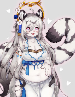 5_fingers :3 accessory ahoge anthro armwear belly belly_overhang big_belly big_breasts big_tail biped black_body black_claws black_ears black_fur black_hair black_stripes black_tail black_tail_tip blue_bow blush bottomwear bow_(feature) breasts claws cleavage clothed clothed_anthro clothed_female clothing clothing_bow cute_fangs deep_navel detached_sleeves dipstick_tail eyelashes fangs female female_anthro finger_claws fingerpads fingers flower flower_accessory flower_in_hair fluffy fluffy_tail front_view fully_clothed fully_clothed_anthro fully_clothed_female fur grey_background hair hair_accessory headdress heart_symbol hearts_around_body hearts_around_head humanoid_hands kemono long_hair long_tail looking_at_viewer markings midriff multicolored_body multicolored_ears multicolored_fur multicolored_hair multicolored_tail navel open_:3 open_mouth open_smile pawpads pink_eyes pink_pupils pink_tongue plant pupils shirt simple_background skirt slightly_chubby slightly_chubby_anthro slightly_chubby_female slit_skirt smile solo standing striped_body striped_fur striped_markings striped_tail stripes tail tail_markings teeth tongue topwear translucent translucent_armwear translucent_clothing translucent_topwear two_tone_body two_tone_ears two_tone_fur two_tone_hair two_tone_tail white_body white_bottomwear white_clothing white_ears white_fur white_hair white_inner_ear white_shirt white_skirt white_tail white_topwear wide_hips mokumokuuma mahjong_soul hannah_(mahjong_soul) felid mammal pantherine tiger 2023 colored digital_media_(artwork) hi_res portrait shaded three-quarter_portrait