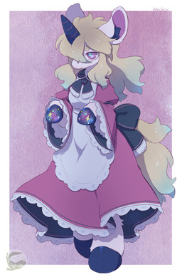 anthro apron blonde_hair breasts clothing dress female fur hair hoof_hands hooves horn logo pink_eyes simple_background solo text white_body white_fur mochiri mythology equid equine mammal mythological_creature mythological_equine unicorn 2026 absurd_res artist_logo artist_name cel_shading digital_drawing_(artwork) digital_media_(artwork) hi_res shaded