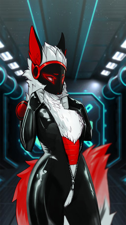 anthro black_body black_fur bodysuit clothing female fluffy fur futuristic genitals latex lights machine red_body red_fur science_fiction screen screen_face skinsuit solo tight_clothing vulva white_body white_fur kimart_i noisy_(redace83) mammal protogen robot hi_res