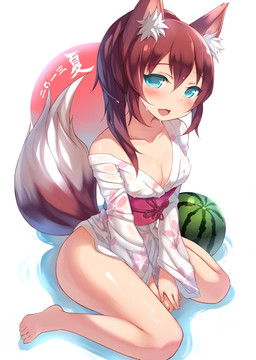 asian_clothing barefoot blue_eyes blush breasts cleavage clothed clothing east_asian_clothing feet female flower food fox_tail fruit hair japanese_clothing kimono looking_at_viewer melon obi obijime off_shoulder plant red_hair sitting solo watermelon zenn animal_humanoid canid canid_humanoid canine canine_humanoid fox fox_humanoid humanoid mammal mammal_humanoid