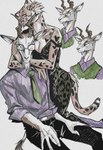 anthro bite bottomwear breasts cleavage clothed clothed_anthro clothed_female clothed_male clothing collared_shirt dress dress_shirt duo eyewear fangs female fur glasses horn horn_bite horn_fetish horn_in_mouth horn_play interspecies male male/female markings multicolored_body multicolored_fur necktie pants predator/prey shirt spots spotted_body spotted_fur tan_body tan_fur teeth topwear two_tone_body two_tone_fur vest wearing_glasses white_body white_fur joze_osaka beastars melon's_father melon's_mother antelope bovid felid gazelle leopard mammal pantherine hi_res