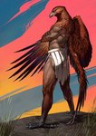 anthro beak biceps bottomwear butt clothing crossed_arms feathers feet loincloth male muscular muscular_anthro muscular_male muscular_thighs side_view simple_background solo talons toes wings aquilaknight elden_ring elden_ring_nightreign fromsoftware guardian_(nightreign) avian bird adversarial_noise
