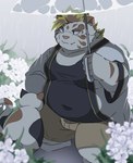 anthro belly big_belly bottomwear clothing duo feral flower humanoid_hands kemono male outside overweight overweight_male plant raining shirt shorts topwear umbrella white_body ptcmtr lifewonders tokyo_afterschool_summoners licho_(tas) felid mammal pantherine tiger 2022 hi_res