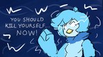 anthro beak blue_hair female fist hair lightining neck_tuft solo suicide_baiting text tuft capin_squidles low_tier_god undertale undertale_(series) undertale_yellow martlet_(undertale_yellow) avian bird english_text meme