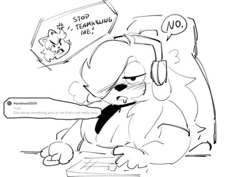 4_fingers ahoge annoyed anthro blush bodily_fluids chair clothing cross-popping_vein cute_fangs drooling duo electronics fangs female fingers furniture hair hair_over_eyes half-closed_eyes headgear headphones headset keyboard looking_pleasured narrowed_eyes open_mouth saliva shirt short_hair simple_background sitting speech_bubble steam t-shirt teeth text topwear white_background anaugi ello_(anaugi) penny_(anaugi) canid canine canis domestic_cat domestic_dog felid feline felis mammal 2021 english_text sketch