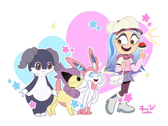 black_eyes bottomwear closed_smile clothing female freckled_face freckles gradient_hair hair heart_symbol holding_purse legwear mouth_closed multicolored_body multicolored_hair open_mouth open_smile pantyhose pleated_skirt pokeball skirt smile star_symbol text two_tone_hair white_purse joseartcenteno nintendo pokemon the_ghost_and_molly_mcgee andrea_davenport delcatty eeveelution generation_3_pokemon generation_6_pokemon human indeedee_(female) mammal pokemon_(species) sylveon 2024 4:3 absurd_res artist_name crossover digital_drawing_(artwork) digital_media_(artwork) hi_res signature