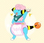 anthro blue_body blue_fur clean_diaper clothed clothing diaper fur green_scarf hair male markings neck_tuft pink_diaper pink_hair scarf solo standing tail tail_markings tuft wearing_diaper jupiters nintendo pokemon pokemon_mystery_dungeon spike_chunsoft flaaffy generation_2_pokemon pokemon_(species) absurd_res hi_res