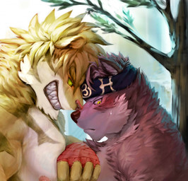 anthro barazoku blonde_hair bodily_fluids brown_body brown_fur cheek_tuft duo facial_tuft fur green_eyes green_sclera grin hair male male_anthro mouth_closed muscular muscular_anthro muscular_male neck_tuft nipples nude outside pink_nipples sharp_teeth side_view smile sweat sweatdrop teeth tuft white_body white_fur yellow_body yellow_eyes yellow_fur dust_yang lifewonders tokyo_afterschool_summoners horkeu_kamui_(tas) macan_(tas) canid canine felid mammal hi_res