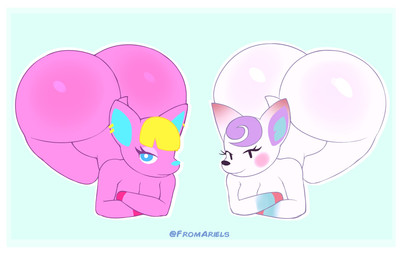 anthro big_butt black_eyes black_nose blue_background blue_eyes blue_nose border bottom_heavy breasts butt duo ear_piercing eyelashes female front_view fur head_tuft huge_butt looking_at_viewer nude piercing pink_body pink_fur rosy_cheeks scut_tail short_tail simple_background smile tail thick_thighs tuft white_body white_border white_fur wide_hips fromariels animal_crossing nintendo diana_(animal_crossing) fuchsia_(animal_crossing) deer mammal hi_res