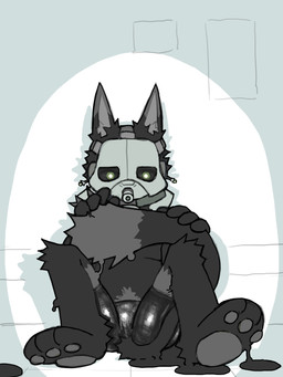 anthro bebristo black_body black_fur bodily_fluids bottomwear clothed clothing fur glistening grey_body grey_fur male mask pawpads sitting solo tail wearing_mask limlonm changed_(video_game) felid goo_creature mammal 3:4 digital_media_(artwork) hi_res