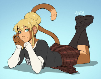 anthro biped bottomwear breasts butt clothed clothed_anthro clothed_female clothing countershade_torso countershading female fingers footwear front_view fully_clothed fully_clothed_anthro fully_clothed_female fur hair looking_at_viewer lying on_front shoes simple_background solo tail topwear kittydee haplorhine mammal monkey primate 2026 digital_drawing_(artwork) digital_media_(artwork)