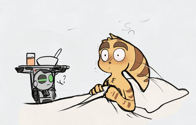 anthro bed_sheet bedding blush duo food fur green_eyes machine male nude_male pillow question_mark yellow_body yellow_fur time_fluffy500 ratchet_and_clank sony_corporation sony_interactive_entertainment clank_(ratchet_and_clank) ratchet_(ratchet_and_clank) lombax mammal robot