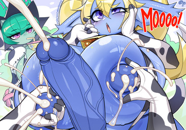 animal_print areola big_breasts big_penis biped blonde_hair blue_body bodily_fluids breasts cow_print cowbell cum cumshot drinking ejaculation eyelashes genital_fluids genitals glistening glistening_body green_hair gynomorph hair huge_breasts huge_penis hyper hyper_breasts intersex lactating looking_pleasured nipple_fetish nipple_play nipples penis pupils vein veiny_penis krokobyaka league_of_legends riot_games tencent poppy_(lol) vex_(lol) humanoid yordle hi_res