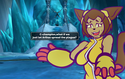 anthro armor bodily_fluids breasts clothed clothing dress eyebrows eyelashes female first_person_view gauntlets gloves group hair handwear looking_at_viewer medium_breasts nervous nervous_smile nervous_sweat offscreen_character screencap screencap_background short_hair solo_focus standing sweat sweatdrop talking_to_viewer trio voluptuous_female sralivewolfox blizzard_entertainment gameoverse glitch_productions warcraft arthas_menethil bolvar_fordragon kit_bodega lich_king domestic_cat felid feline felis lich mammal undead absurd_res crossover hi_res