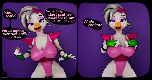 anthro beak big_breasts bow_ribbon breasts clothing egg expressions female fingerless_gloves gloves handwear humor machine makeup pink_clothing solo sportswear text two_panel_image white_body lir mayosplash_(modeler) five_nights_at_freddy's five_nights_at_freddy's:_security_breach scottgames steel_wool_studios glamrock_chica animatronic avian bird chicken galliform phasianid robot 3d_(artwork) absurd_res comic digital_media_(artwork) english_text hi_res