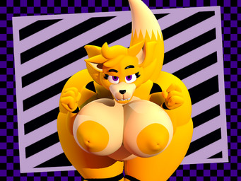anthro areola belly bent_over big_areola big_breasts big_butt blonde_hair breasts butt checkered checkered_background eyebrows eyelashes fangs female fist hair huge_areola huge_breasts huge_butt huge_hips huge_thighs leaning leaning_forward looking_at_viewer machine nipple_dip nipples pattern_background purple_eyes raised_eyebrow raised_tail short_hair simple_background solo striped_background tail teeth thick_thighs wide_hips yellow_areola yellow_body yellow_nipples sanco_(artist) sanco_(modeler) sanca_(sanco) animatronic canid canine fox mammal robot robot_anthro 3d_(artwork) 4:3 digital_media_(artwork)