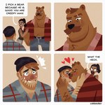 1:1 anthro bear big_muscles big_pecs blush bodily_fluids brown_hair caldatelier clothed clothing comic duo english_text facial_hair french_kissing hair heart_symbol hi_res hug human human_on_anthro humor interspecies kissing larger_anthro larger_male male male/male mammal man_or_bear_in_the_woods_question misandry musclegut muscular muscular_anthro muscular_male mustache open_clothing open_shirt open_topwear pecs romantic romantic_couple sexism shirt size_difference smaller_human smaller_male sweat text topwear