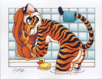 anthro bath bathing breasts butt female hair holding_object holding_towel looking_at_viewer nude pose red_hair rubber_duck side_boob smile solo stripes tail tail_holding_object towel washcloth water yellow_eyes michele_light felid mammal pantherine tiger 2004 absurd_res hi_res pinup signature traditional_media_(artwork)