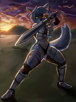 anthro armor black_nose blue_body blue_fur blue_hair breasts clothing female fur hair holding_melee_weapon holding_object holding_sword holding_weapon looking_at_viewer melee_weapon navel outside short_hair smile solo standing sunset sword topwear unconvincing_armor weapon yellow_eyes general-irrelevant maku_(maku450) canid canine canis mammal wolf 2019 3:4 digital_media_(artwork) hi_res