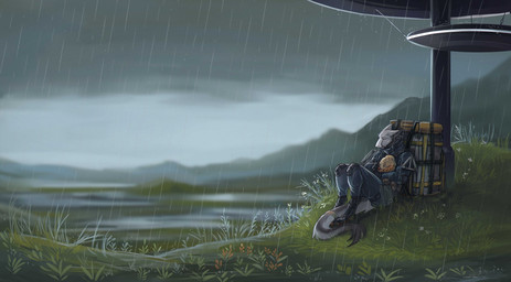 anthro biped detailed_background eyes_closed fur grey_body grey_fur male multicolored_body multicolored_fur outside raining sitting sleeping solo white_body white_fur creepy_gun death_stranding sergal 2026 digital_media_(artwork) hi_res