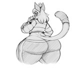 anthro big_butt bottom_heavy bubble_butt butt butt_cleavage clothing coat femboy huge_butt huge_thighs hyper hyper_butt hyper_thighs looking_back male midriff rear_view simple_background solo tail thick_thighs topwear wide_hips thorstone mezik_(thorstone) domestic_cat felid feline felis mammal siamese hi_res monochrome