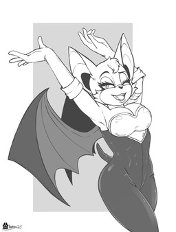 anthro armor arms_above_head bat_wings big_breasts breastplate breasts clothed clothing eyelashes fangs female gloves handwear looking_at_viewer membrane_(anatomy) membranous_wings one_eye_closed open_mouth skinsuit smile smiling_at_viewer solo tail teeth tight_clothing wings wink winking_at_viewer marcushunter sega sonic_the_hedgehog_(series) rouge_the_bat bat mammal 2025 hi_res monochrome signature sketch