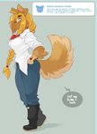 aged_up anthro blonde_hair blush bracelet braided_hair canid canine canis chalo clothed clothing dialogue domestic_dog english_text eyewear female full-length_portrait fully_clothed glasses hair jewelry las_lindas looking_at_viewer mammal portrait side_view solo sunny_(chalo) text