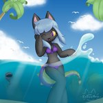 4_fingers anthro beach beach_background bikini black_body black_fur blue_hair clothing fangs female fingers fur hair happy long_hair long_tail mari_(katsumau) one_eye_closed open_mouth partially_submerged purple_eyes purple_tail sky smile solo swimwear tail teeth two-piece_swimsuit water wink katsumau animal_humanoid cat_humanoid domestic_cat felid felid_humanoid feline feline_humanoid felis humanoid hybrid mammal mammal_humanoid absurd_res hi_res watermark