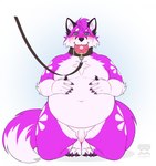 anthro balls belly big_belly black_body black_collar black_fur black_nose blue_eyes blush collar colored_nails dessert doughnut fluffy fluffy_tail food food_in_mouth foreskin fur fur_markings genitals hair holding_belly leash male markings moobs nails overweight overweight_male pastry penis pink_body pink_fur pink_hair pink_nails simple_background solo tail white_body white_fur valerayu baileyfox canid canine fox mammal 2024 hi_res