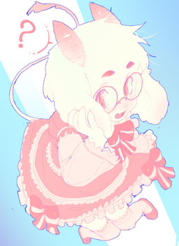 2_horns 5_fingers anthro blue_background blush bow_ribbon clothed clothed_anthro clothed_male clothing crossdressing crossdressing_male dress eyebrows eyewear fingers flesh_fang floppy_ears footwear frilly frilly_clothing frilly_dress fur glasses hair horn legwear male open_mouth pink_clothing pink_dress pink_eyebrows pink_eyes pink_eyewear pink_footwear pink_glasses pink_horn pink_legwear pink_shoes pink_thigh_highs question_mark ribbons round_glasses shoes simple_background solo speech_bubble standing tail thigh_highs wearing_glasses white_body white_fur white_hair pawfless deltarune undertale_(series) ralsei bovid caprine goat mammal 2026 absurd_res hi_res