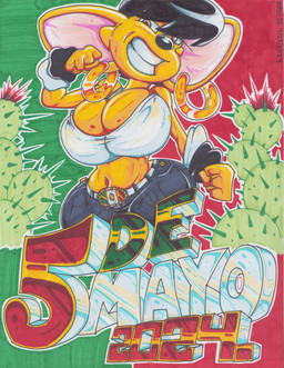 anthro belt big_breasts black_hair bottomwear breasts brown_eyes cactus clothing crop_top ear_piercing ear_ring female fur hair holidays huge_breasts navel pants piercing plant ring_piercing shirt smile solo teeth text thick_thighs topwear wide_hips yellow_body yellow_fur virus-20 cinco_de_mayo sabana_(virus-20) canid canine canis chihuahua domestic_dog mammal toy_dog 2024 spanish_text traditional_media_(artwork)