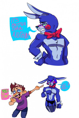 abs alternate_species annoyed anthro anthrofied biceps bow_(feature) bow_tie clothed clothing duo featureless_chest fur furrification garter_belt garter_straps gender_confusion gesture hand_gesture heart_eyes heart_symbol legwear male misunderstanding muscular pecs pointing pointing_at_another pupils shirt_cuffs simple_background topless unusual_pupils denimdaddan five_nights_at_freddy's five_nights_at_freddy's_2 scottgames toy_bonnie_(fnaf) human lagomorph leporid mammal rabbit 2015 digital_media_(artwork) hi_res