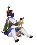 anthro bottomwear brass_instrument cheerleader clothing female jacket looking_at_viewer marching_band_uniform musical_instrument on_ground skirt smile smiling_at_viewer solo topwear trumpet wind_instrument inake saki_(garasaki) canid canine canis mammal wolf hi_res