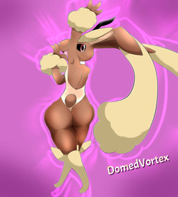 anthro arm_tuft big_butt black_sclera brown_body brown_fur bunny_costume butt clothed clothed_anthro clothed_female clothing costume cotton_tail fake_ears fake_rabbit_ears female floppy_ears fur long_ears looking_at_viewer looking_back looking_back_at_viewer open_mouth open_smile outline pink_background pink_eyes pink_outline raised_arm rear_view simple_background smile tail tan_body tan_fur text thick_thighs tuft wrist_tuft domedvortex nintendo pokemon generation_4_pokemon lopunny pokemon_(species) 2020 artist_name hi_res