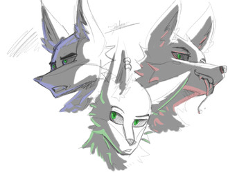 3_heads anthro blue_light bodily_fluids ear_piercing ear_ring fangs green_eyes green_light group male multi_head neck_tuft piercing red_light ring_piercing saliva saliva_string shadow teeth trio tuft pacheco european_mythology greek_mythology mythology canid canid_demon canine canis cerberus demon hellhound mammal mythological_canine mythological_creature wolf headshot_portrait monochrome portrait sketch