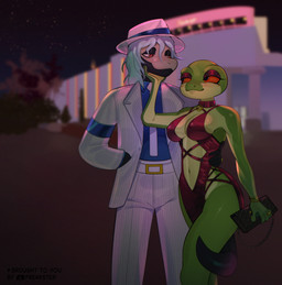 aged_up anthro date duo female male male/female mature_anthro mature_female mature_male skimpy_dress freakster hell's_kitchen vyla xiro_decobray amphibian frog hybrid reptile scalie snake tree_frog hi_res