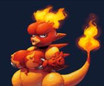 anthro big_breasts breasts claws collar female fire generation_1_pokemon grey_background holding_breast looking_at_viewer magmar nintendo outta_sync pokemon pokemon_(species) red_body red_scales red_skin scales simple_background solo yellow_body yellow_scales yellow_skin
