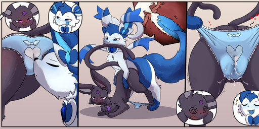3_panel_comic animal_genitalia animal_penis bite black_body blue_body blue_clothing blue_fur blue_panties blue_underwear blush blush_lines bodily_fluids bow_(feature) bow_ribbon canine_genitalia canine_penis cervical_contact clothed clothed_feral clothing clothing_pull crescent_moon_(marking) crotch_sniffing cum cum_in_clothing cum_in_underwear cum_in_uterus cum_in_vagina cum_inside cum_on_leg cum_smuggling cum_through_clothing cum_through_panties cum_through_underwear dark_body dark_fur dripping duo fainted female female_penetrated feral feral_on_feral feral_penetrated feral_penetrating feral_penetrating_feral fluids_on_ground from_behind_position front_view fur genital_fluids genitals heart_symbol humanoid_genitalia humanoid_vulva internal knot knotting leaking_cum looking_at_another looking_pleasured male male/female male_penetrating male_penetrating_female markings moon_(marking) panties panties_down panty_pull partially_clothed penetration penis prone_bone_position quadruped rear_view seductive sex shaking_legs simple_background smug smug_face sniffing sniffing_clothes soaked spiral spiral_eyes spread_legs spreading tail tail_bite tail_in_mouth tongue tongue_out underwear underwear_down underwear_pull underwear_sniffing uterus vaginal vaginal_canal vaginal_fluids vaginal_knotting vaginal_penetration vulva vulva_sniffing wet wet_clothing wet_panties wet_underwear runicflare nintendo pokemon fan_character finn_(bluesylvfinn) eeveelution espeon generation_2_pokemon generation_6_pokemon pokemon_(species) sylveon 2024 absurd_res comic digital_media_(artwork) hi_res shaded